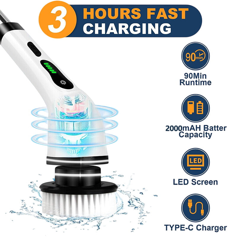 1Pc Electric Spin Scrubber Cordless Rechargeable Telescopic Cleaning Brush 8 Replaceable Heads 2 Speed Adjustable Extension Arm Bathroom Tub Tile Floor