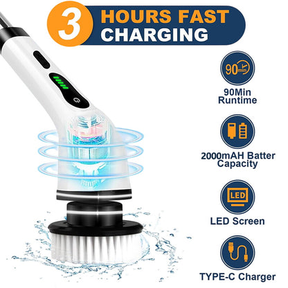1Pc Electric Spin Scrubber Cordless Rechargeable Telescopic Cleaning Brush 8 Replaceable Heads 2 Speed Adjustable Extension Arm Bathroom Tub Tile Floor